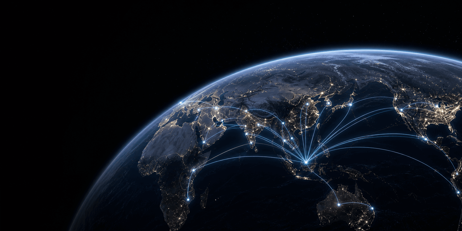 Earth at night with a global network centered on Singapore